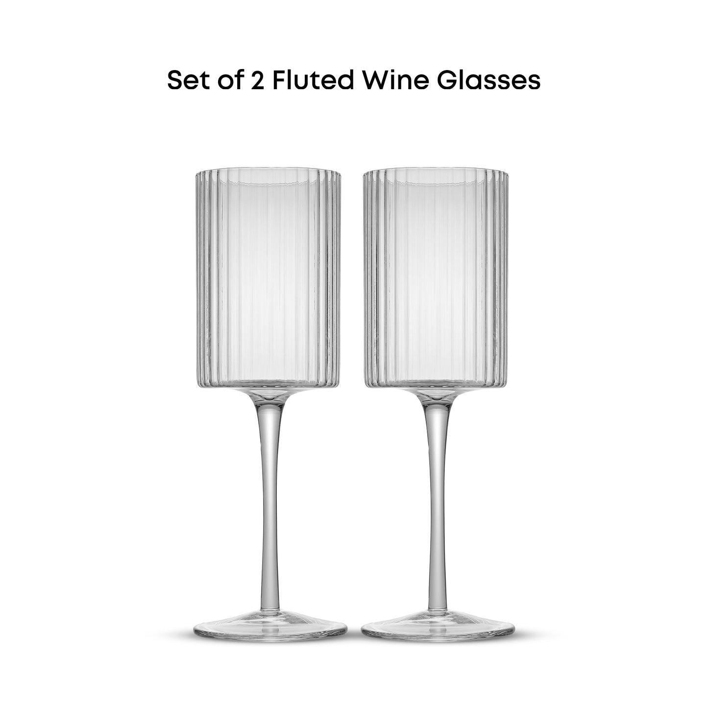 A set of two clear, tall wine glasses with fluted cylindrical bodies and single stems.