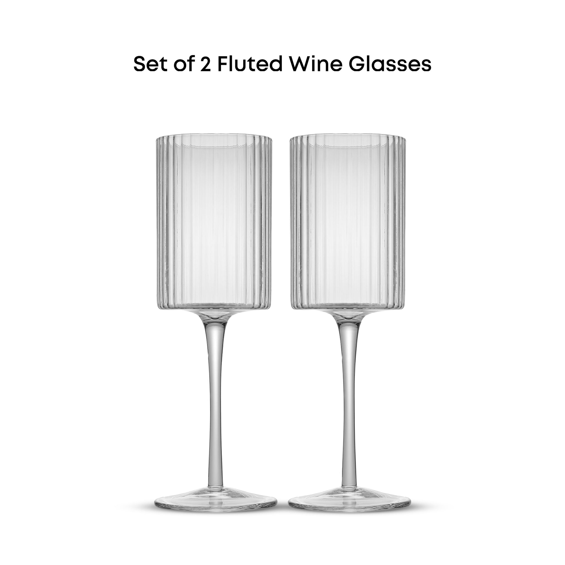 A set of two clear, tall wine glasses with fluted cylindrical bodies and single stems.