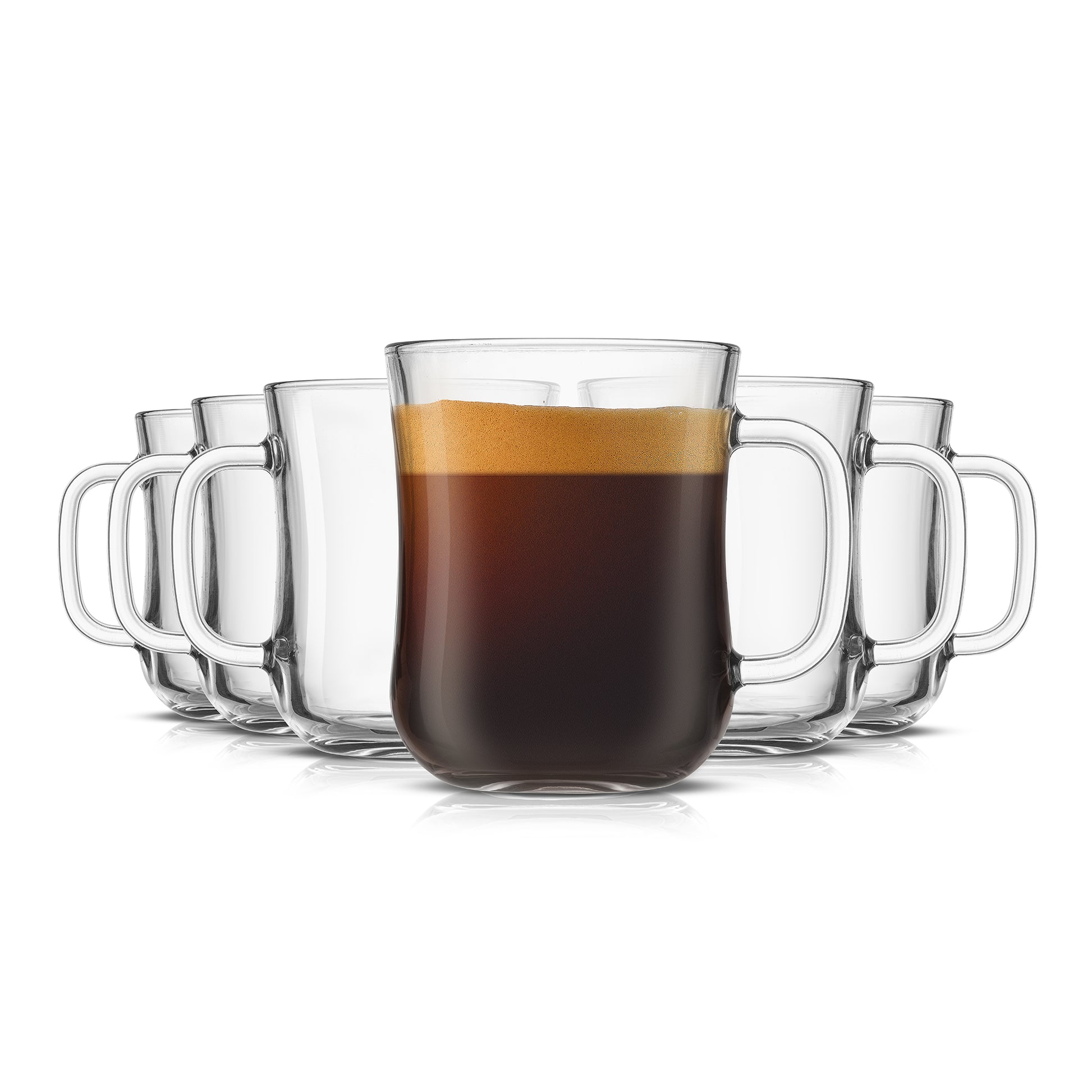 Set of six clear diner style glass mugs with handles, one filled with coffee, on a white background