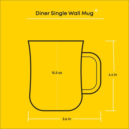Outline of a diner single wall mug with measurements on a yellow background: 15.5oz