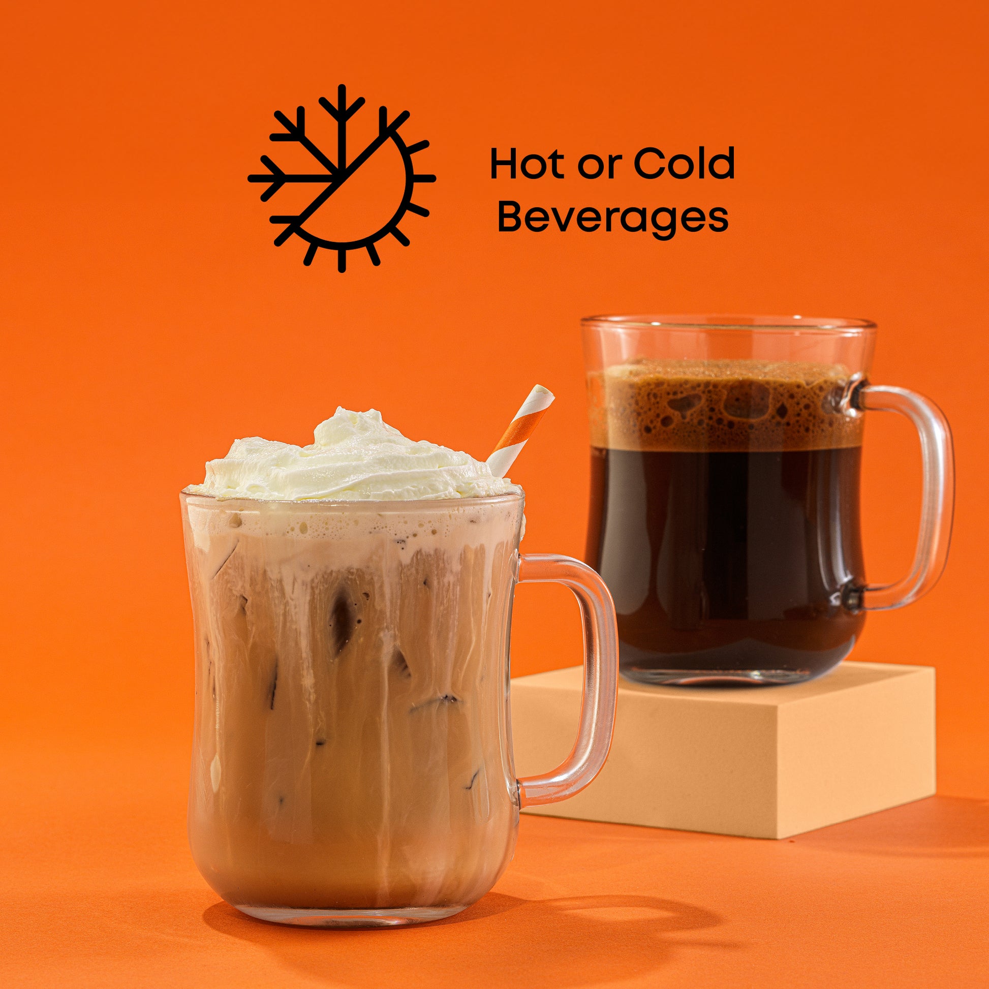 Two mugs of hot and cold beverages on an orange background with text 'Hot or Cold Beverages'.