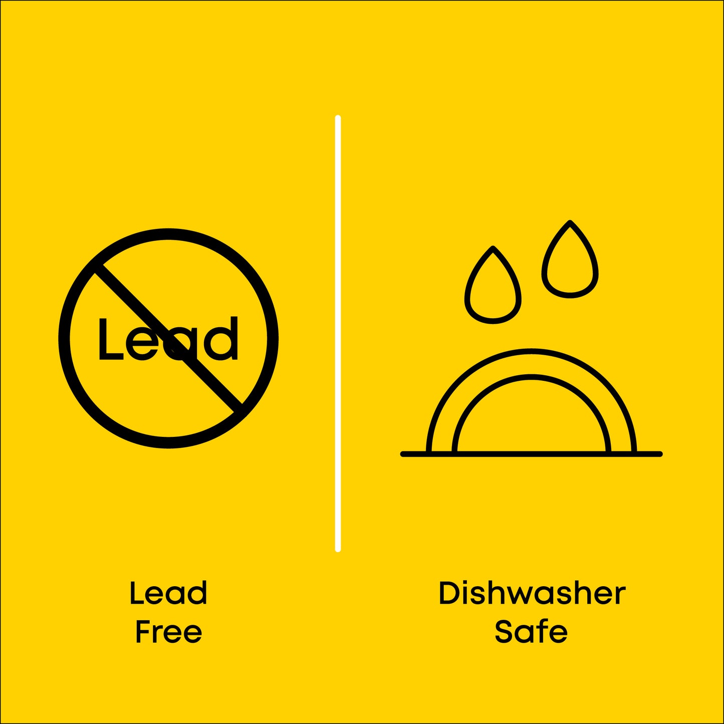 Two icons on a yellow background with 'Lead Free' and 'Dishwasher Safe' text.