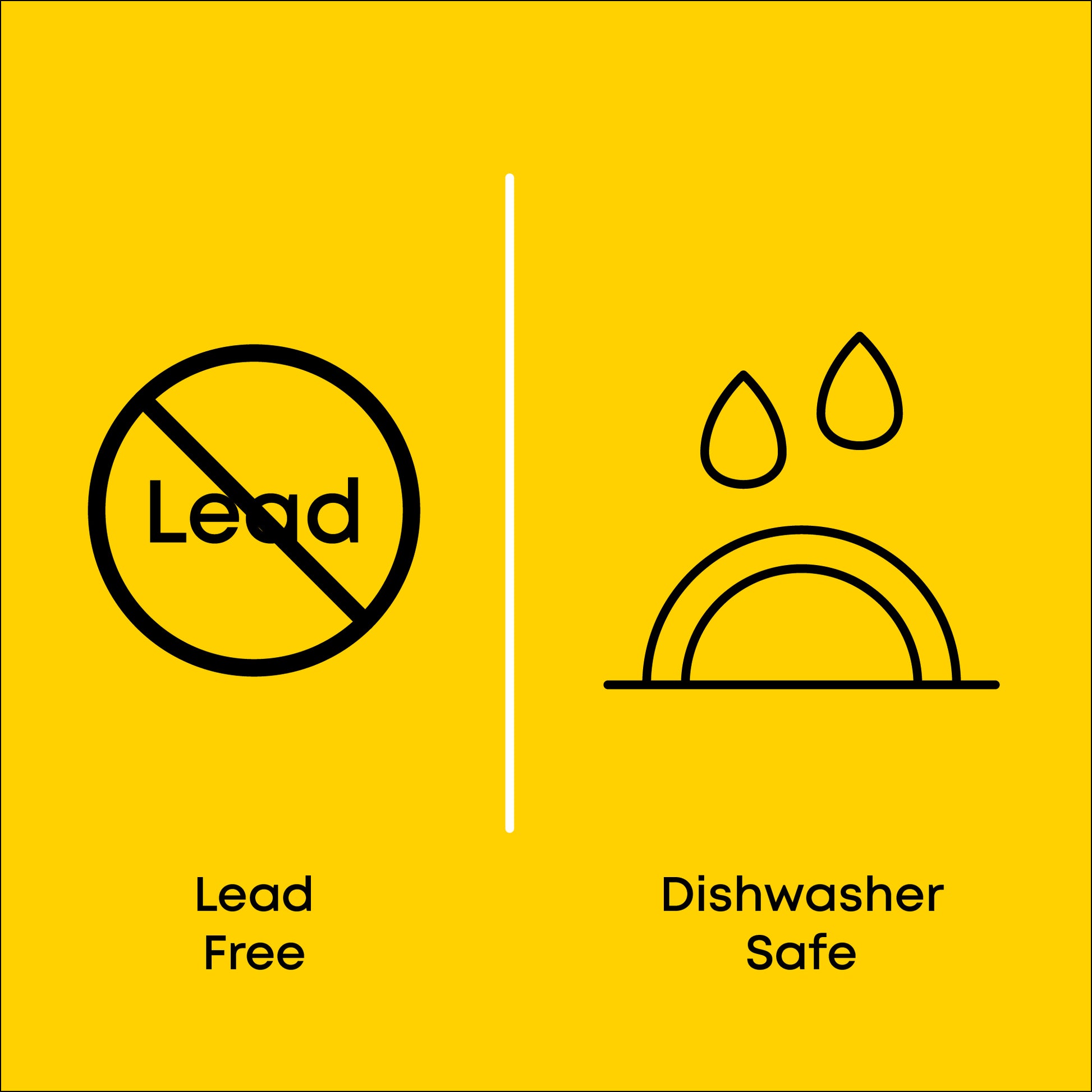 Two icons on a yellow background with 'Lead Free' and 'Dishwasher Safe' text.