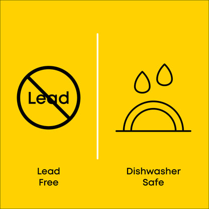 Two icons on a yellow background with 'Lead Free' and 'Dishwasher Safe' text.