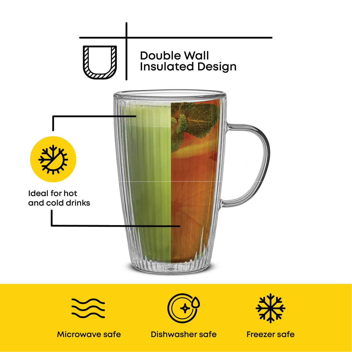 Savor Fluted Large Double Wall Coffee Mugs, 15 oz