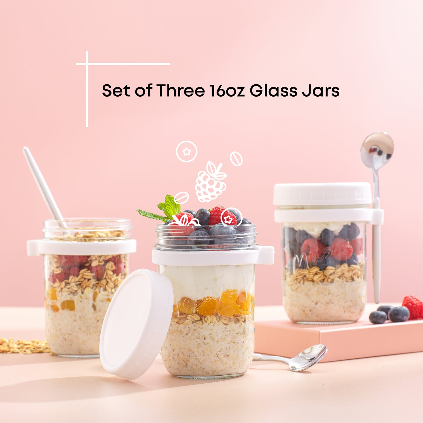 Set of three 16 oz overnight oats container filled with various fruit and granola. 