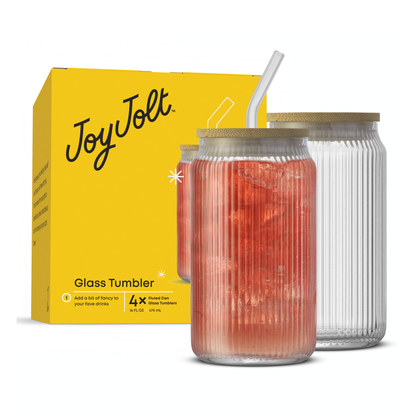 Fluted Glass Tumblers with Bamboo Lids and Straws