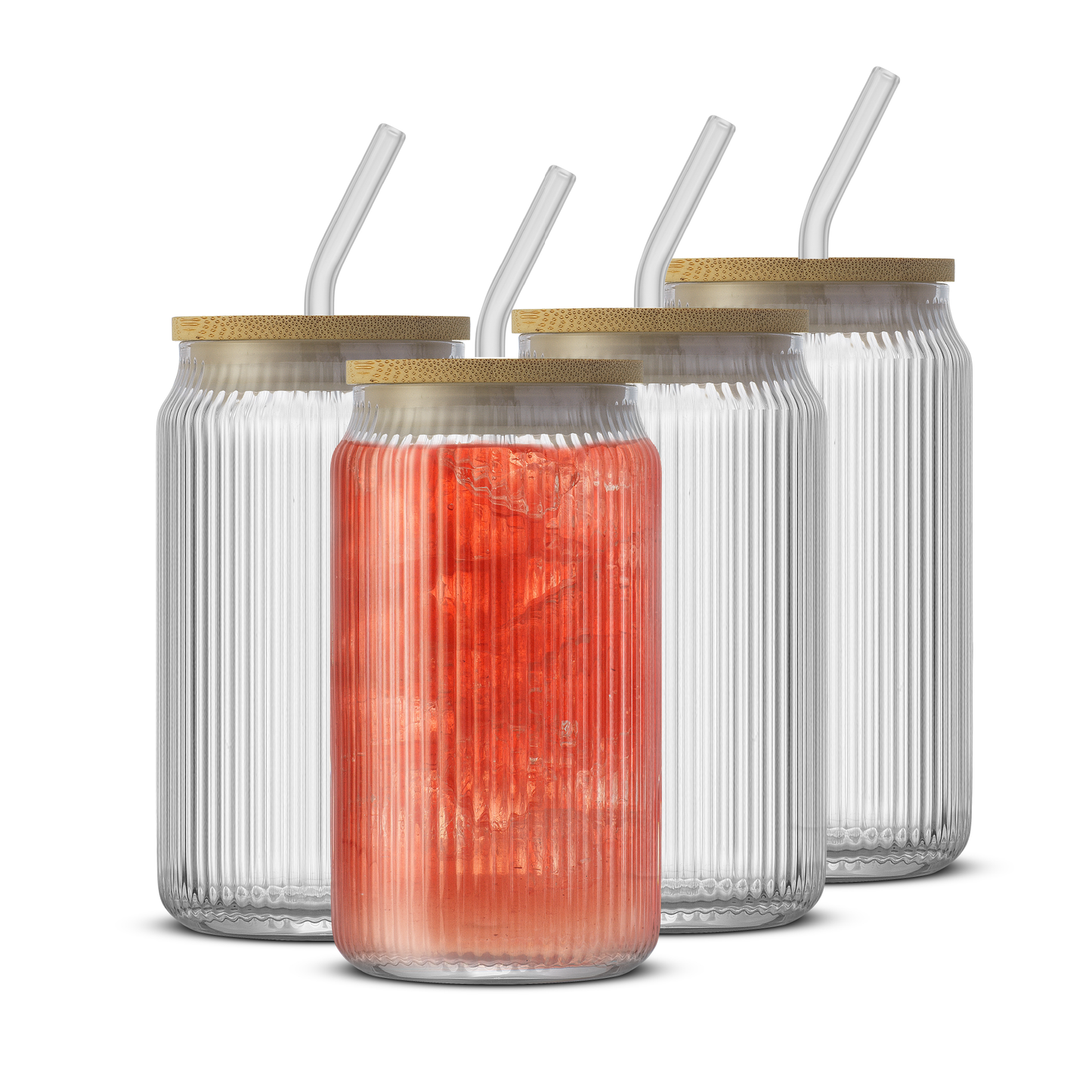 Fluted Glass Tumblers with Bamboo Lids and Straws