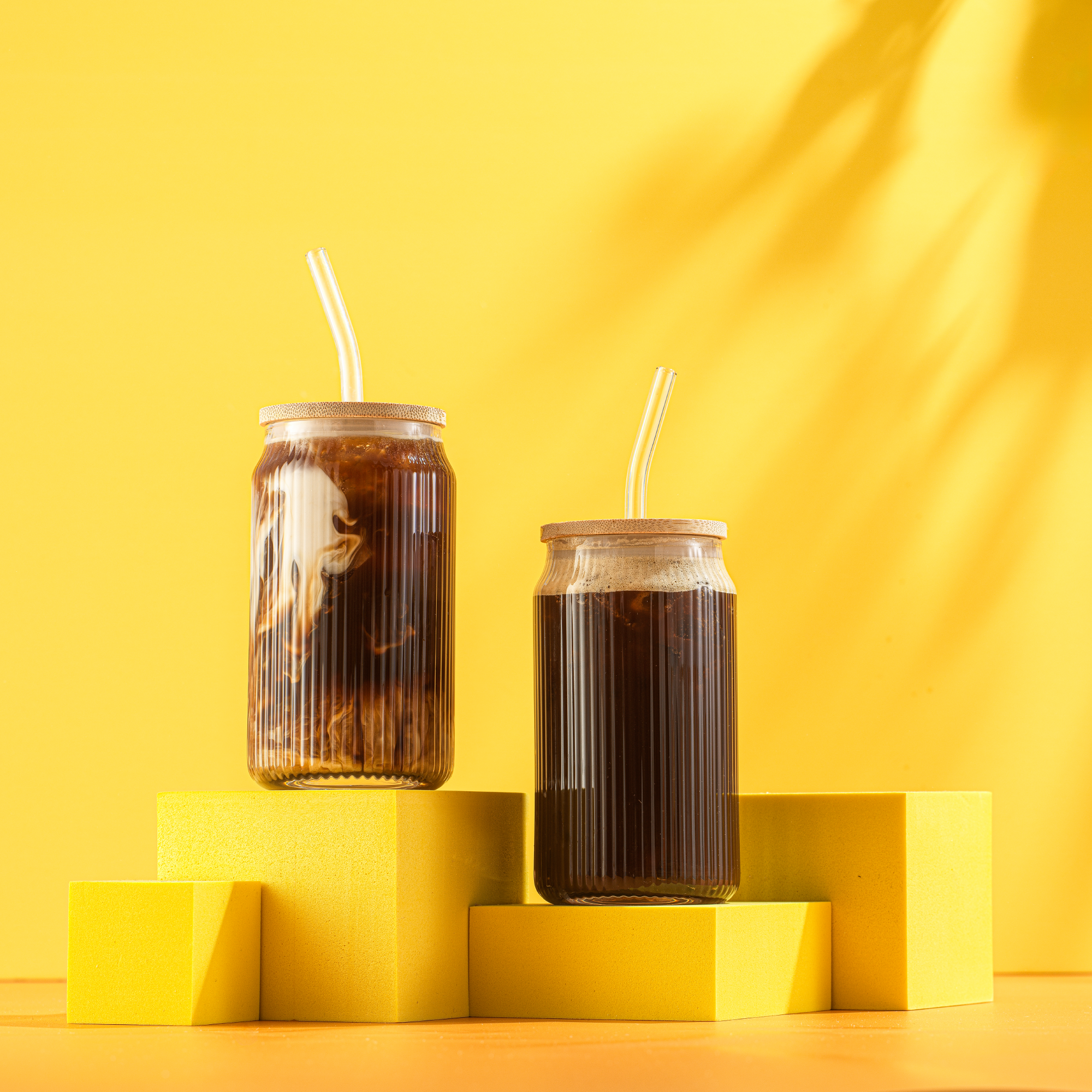 Fluted Glass Tumblers with Bamboo Lids and Straws