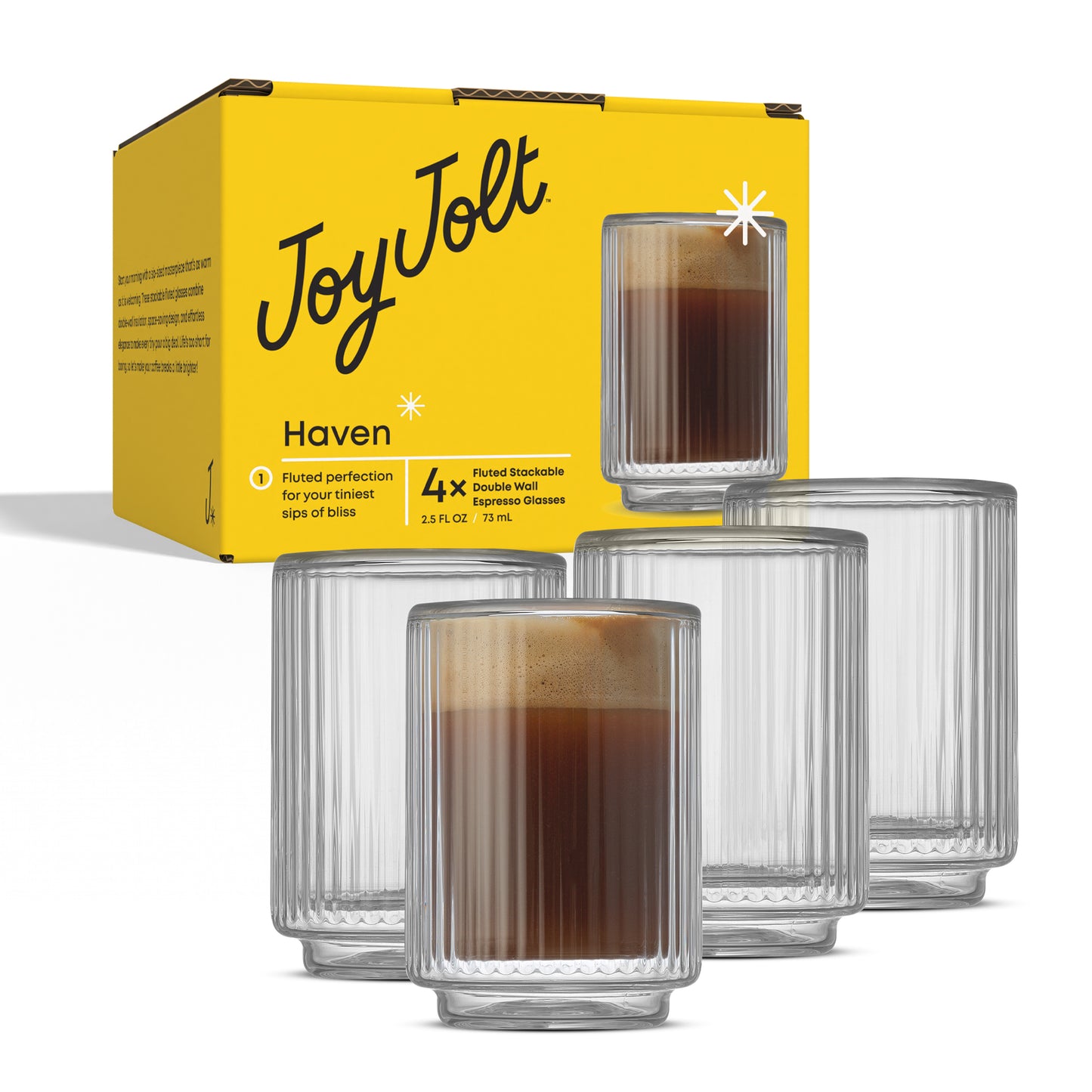 Haven Fluted Stackable Double Wall Espresso Glasses, 2.5 oz