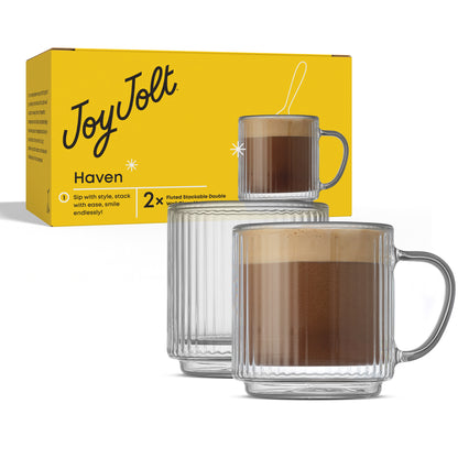 Haven Fluted Stackable Double Wall Glass Mugs, 5.5 oz