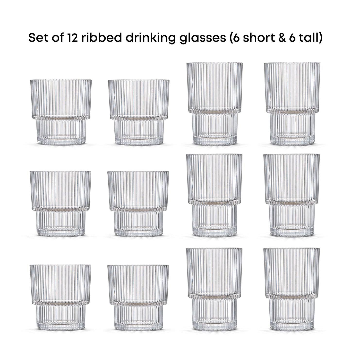 Set of 12 ribbed drinking glasses with 6 short and 6 tall on a white background