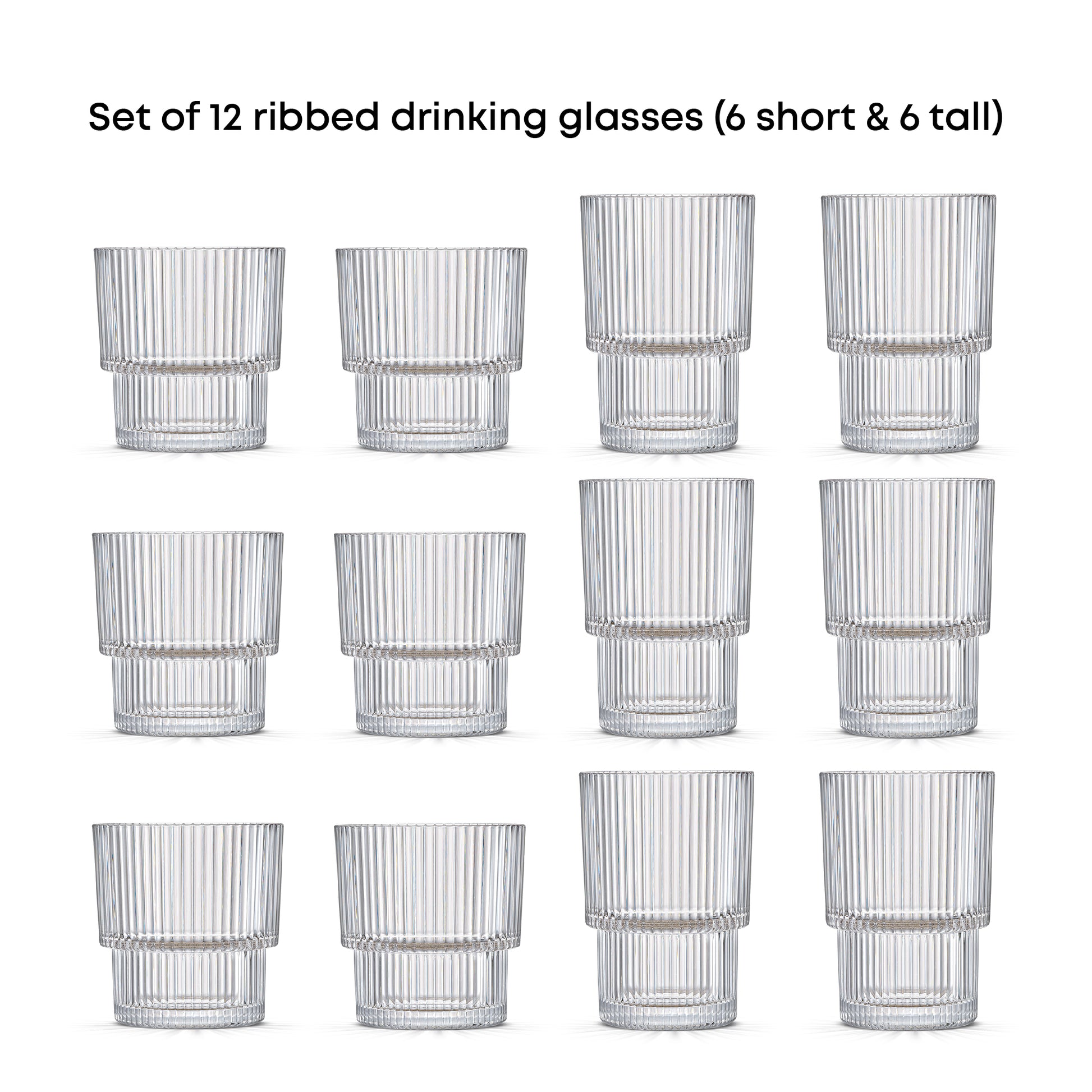 Set of 12 ribbed drinking glasses with 6 short and 6 tall on a white background