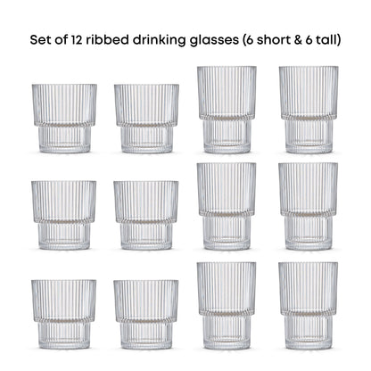 Set of 12 ribbed drinking glasses with 6 short and 6 tall on a white background