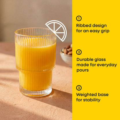 Glass of orange juice with text on a yellow background