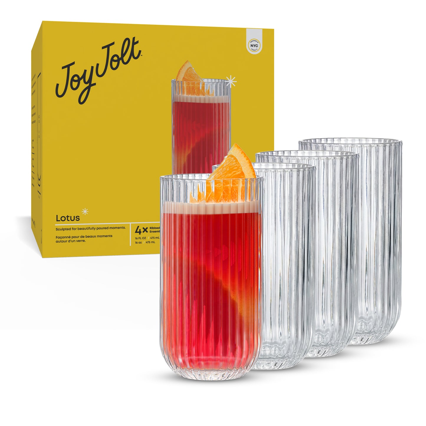 Clear glass tumblers with red liquid and orange slices, next to a yellow 'JoyJolt' box.