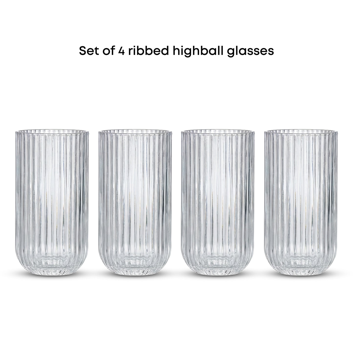 Set of 4 ribbed highball glasses on a white background