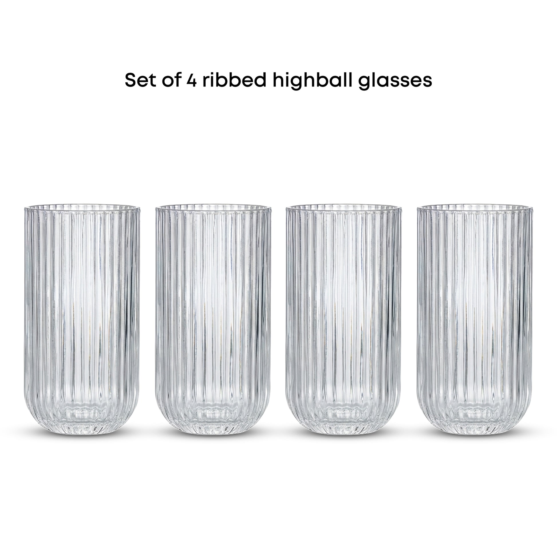 Set of 4 ribbed highball glasses on a white background