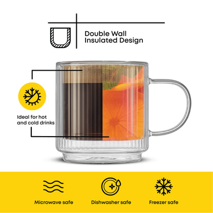 Haven Fluted Stackable Double Wall Glass Mugs, 13.5 oz
