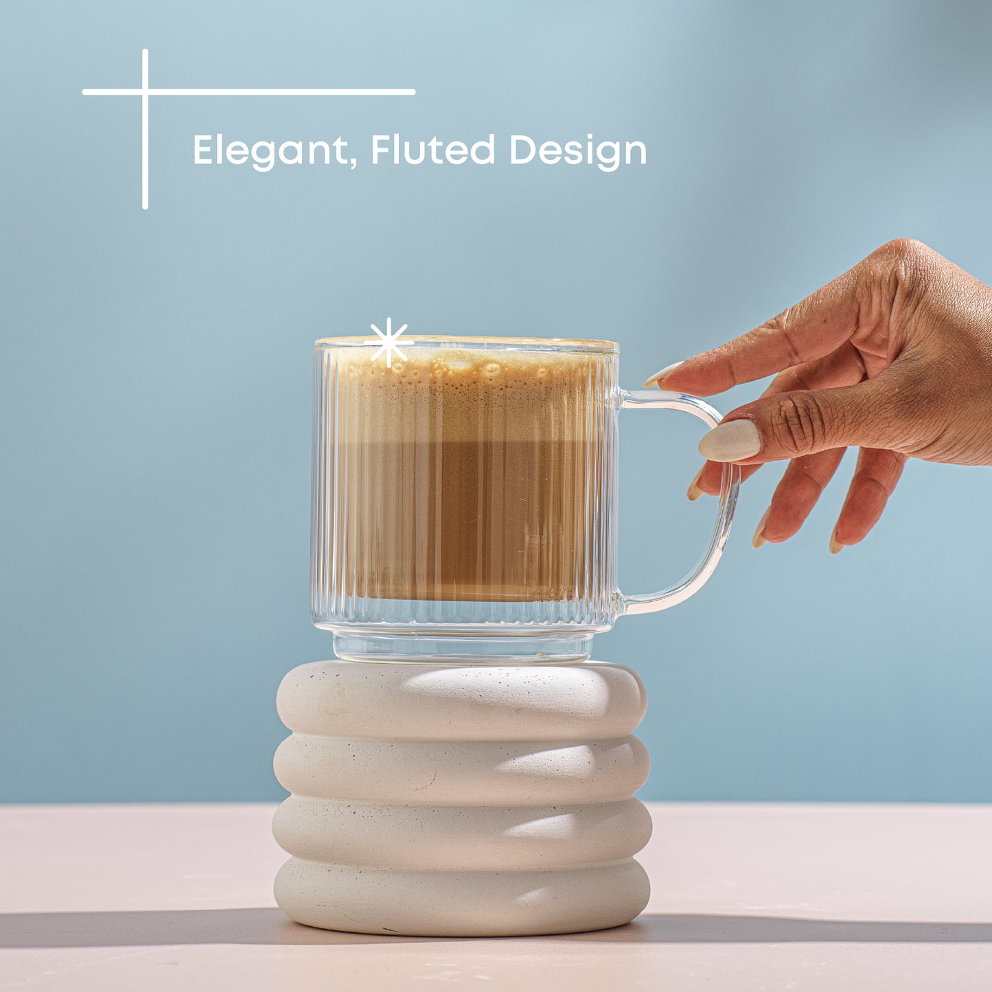 Haven Fluted Stackable Double Wall Glass Mugs, 13.5 oz