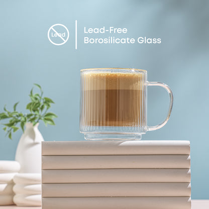Haven Fluted Stackable Double Wall Glass Mugs, 13.5 oz