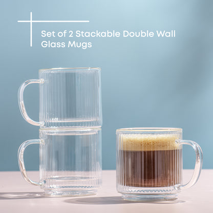 Haven Fluted Stackable Double Wall Glass Mugs, 13.5 oz
