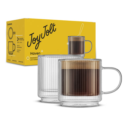 Haven Fluted Stackable Double Wall Glass Mugs, 13.5 oz