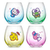 A set of four stemless wine glasses of Hello Kitty characters, Hello Kitty, Keroppi, Pompompurin, and My Melody.
