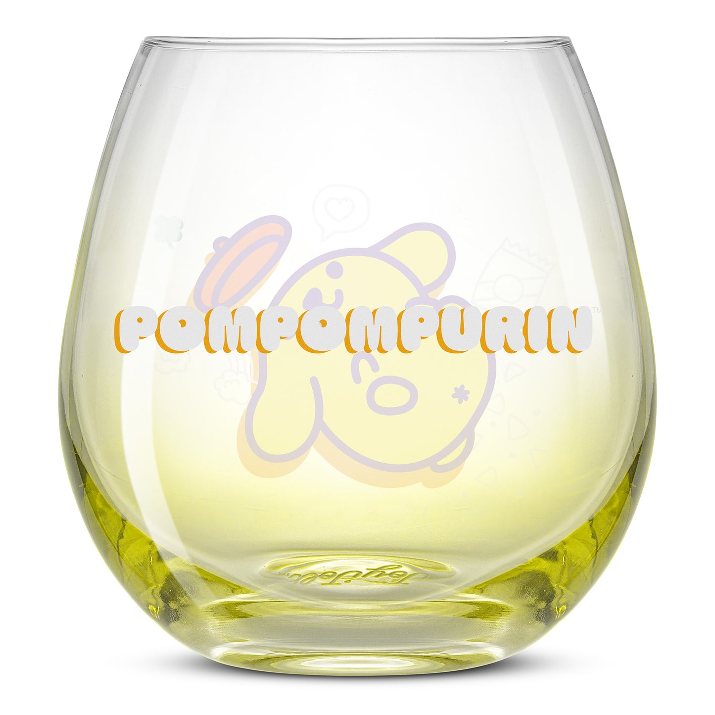 An empty yellow ombre glass showing the text "Pompompurin" on the glass. 