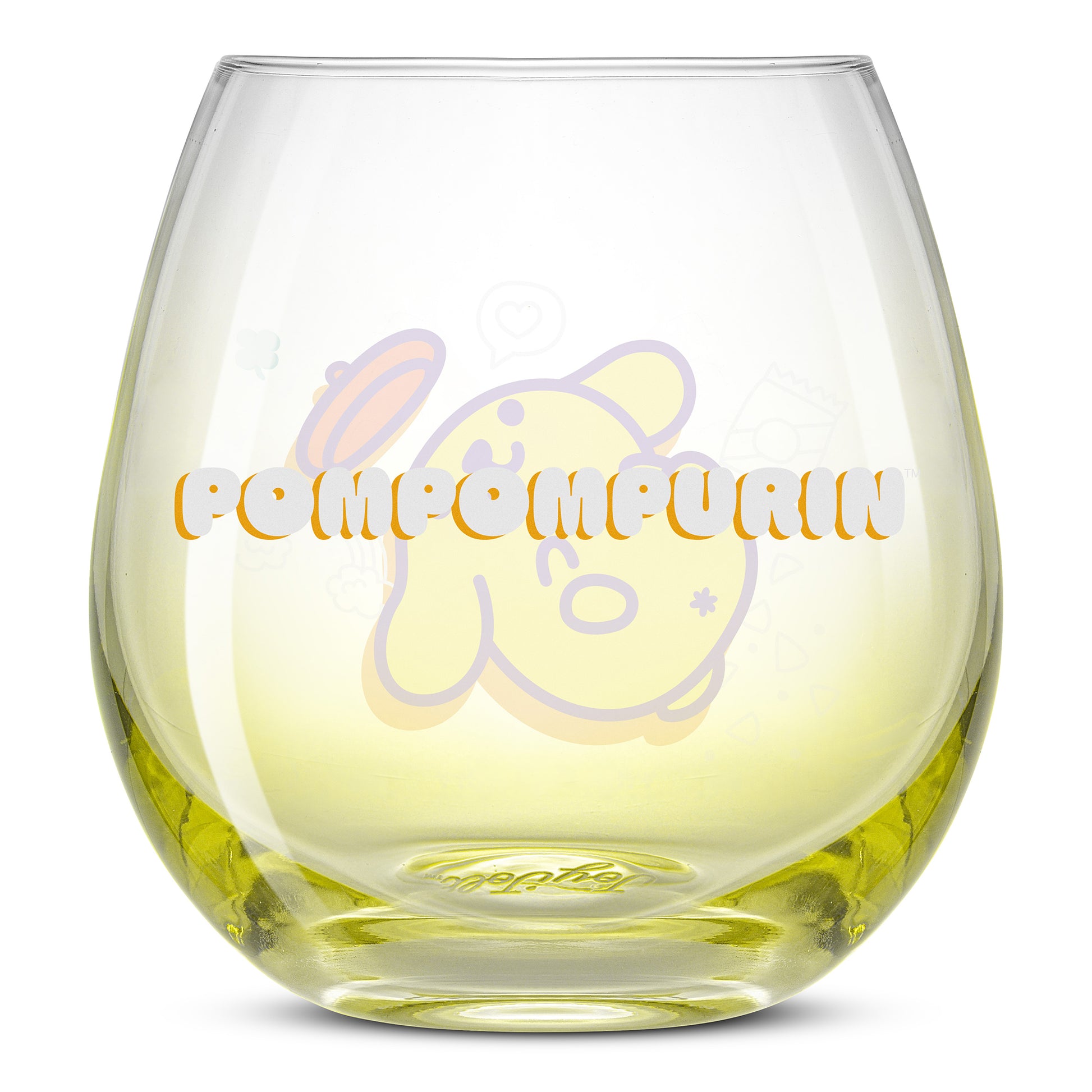 An empty yellow ombre glass showing the text "Pompompurin" on the glass. 