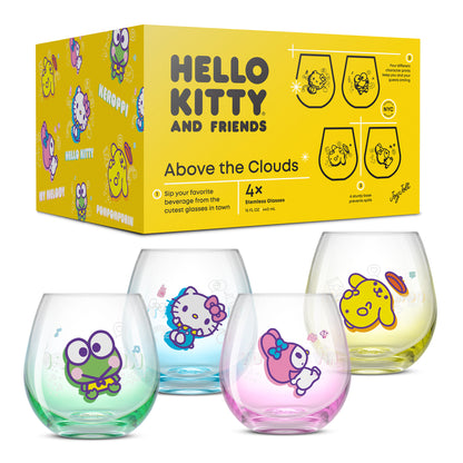 A set of four stemless wine glasses featuring Hello Kitty and Friends characters. The glasses have a design featuring Hello Kitty, My Melody, Keroppi, and Pompompurin. The text "Hello Kitty and Friends" and "Above the Clouds" is written on the packaging.