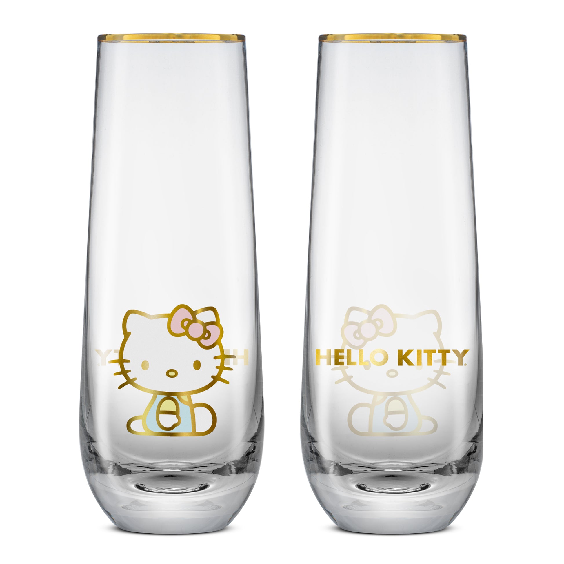 Two Hello Kitty themed stemless flutes filled, presented against a white backdrop. The front side of each glass shows Hello Kitty and the back says "Hello Kitty"