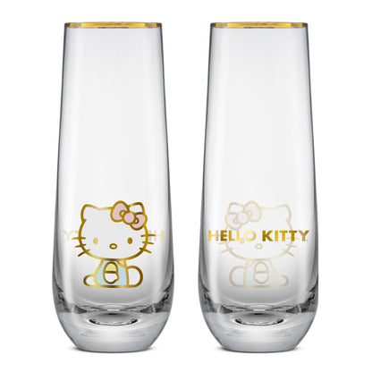 Two Hello Kitty themed stemless flutes filled, presented against a white backdrop. The front side of each glass shows Hello Kitty and the back says "Hello Kitty"