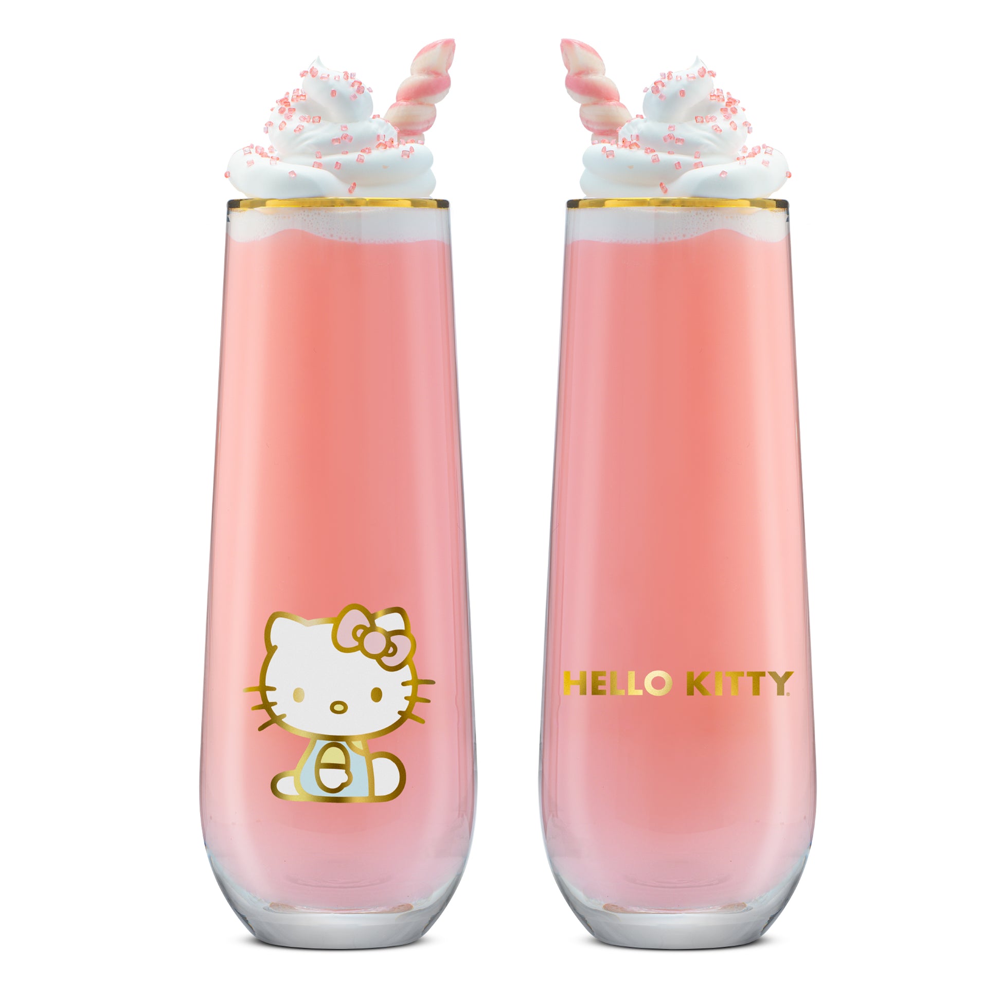 Two Hello Kitty themed stemless flutes filled with a pink beverage, presented against a white backdrop. The front side of each glass shows Hello Kitty and the back says "Hello Kitty"
