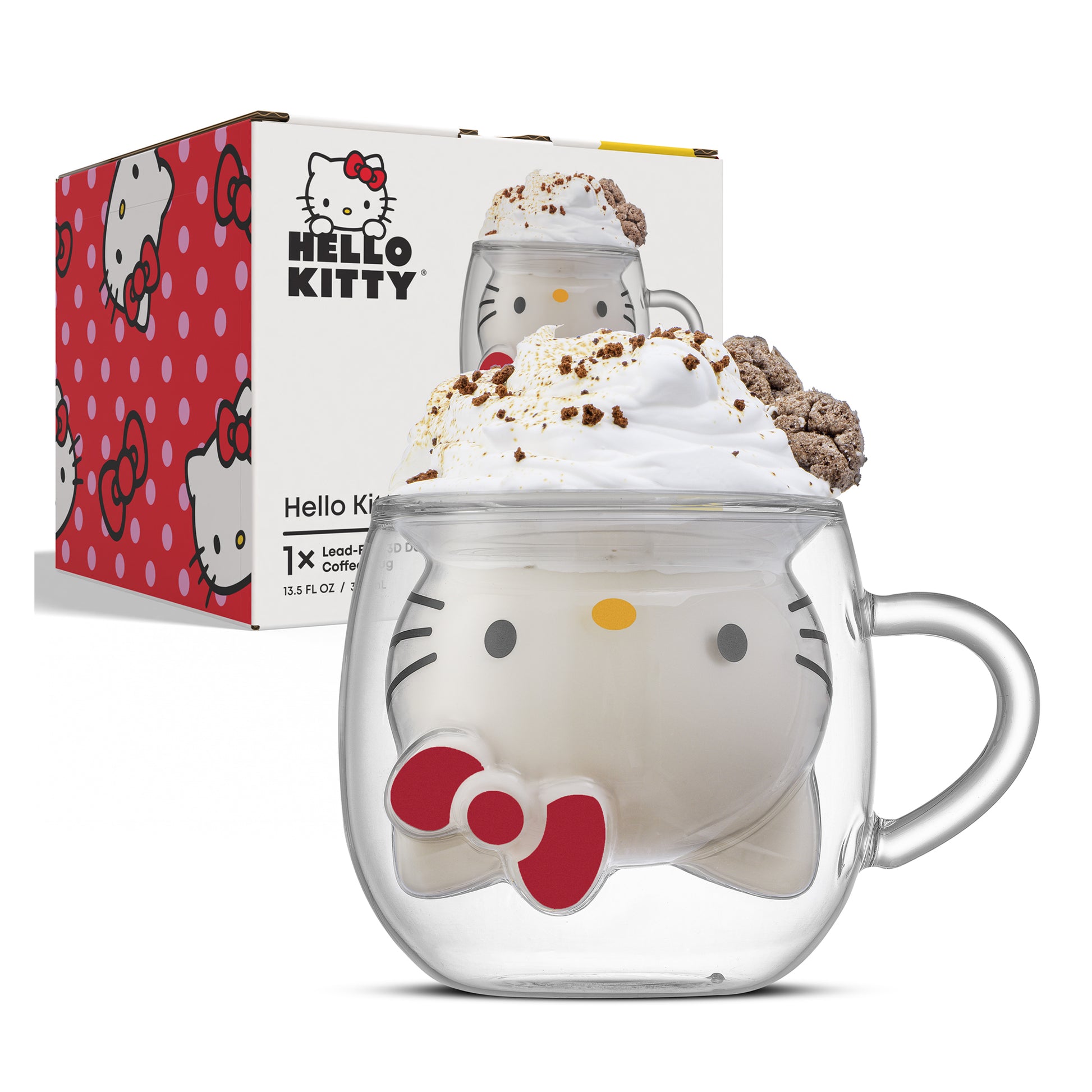 A Hello Kitty glass will a drink inside in front of a Hello Kitty x JoyJolt packaging box in the background