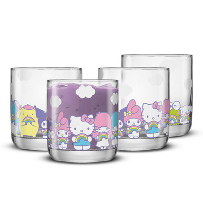 Set of four short glasses with colorful, rainbow Hello Kitty character designs on a white background