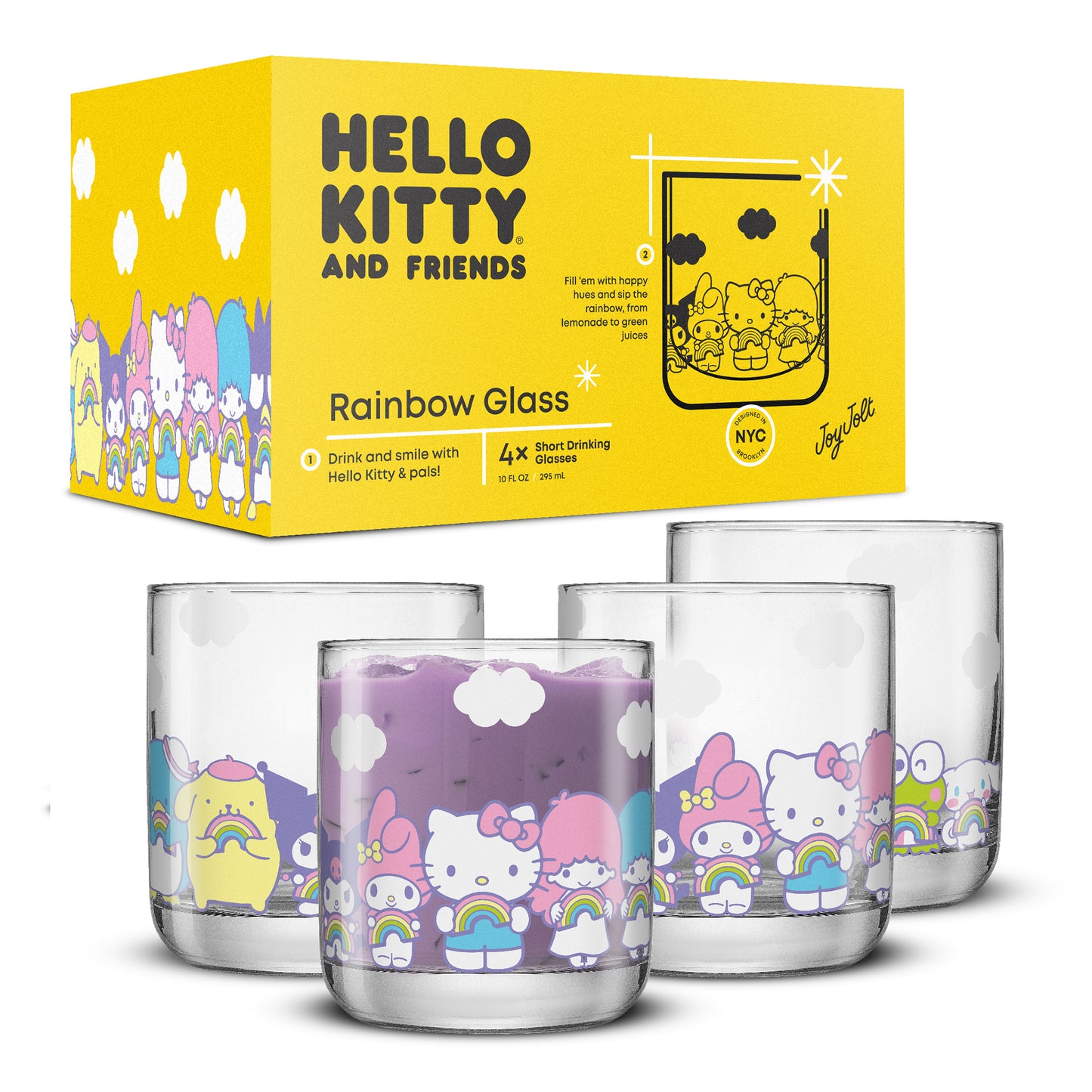 Set of glasses with a yellow packaging Hello Kitty x JoyJolt box in the background