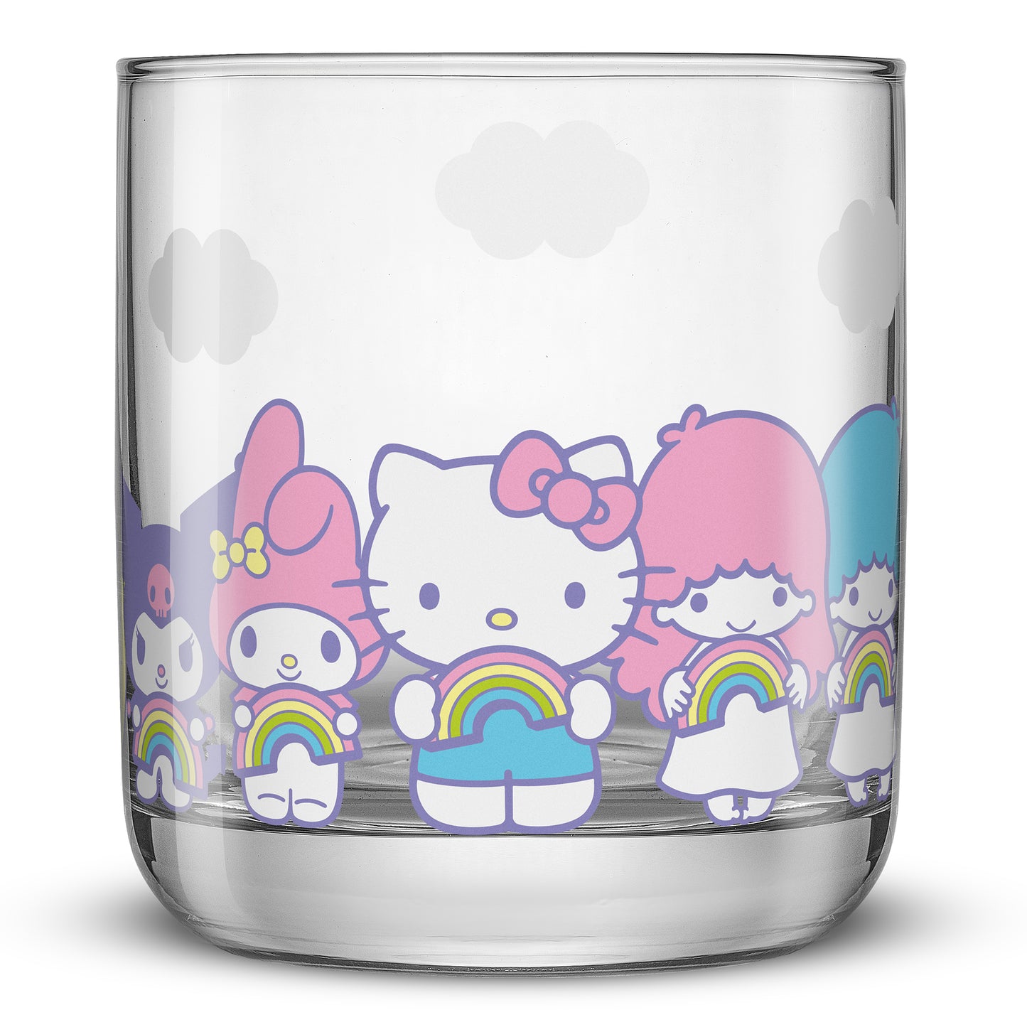 A clear short glass featuring some of the Hello Kitty characters on the glass: Kuromi, My Melody, Hello Kitty, and Little Twin Stars.