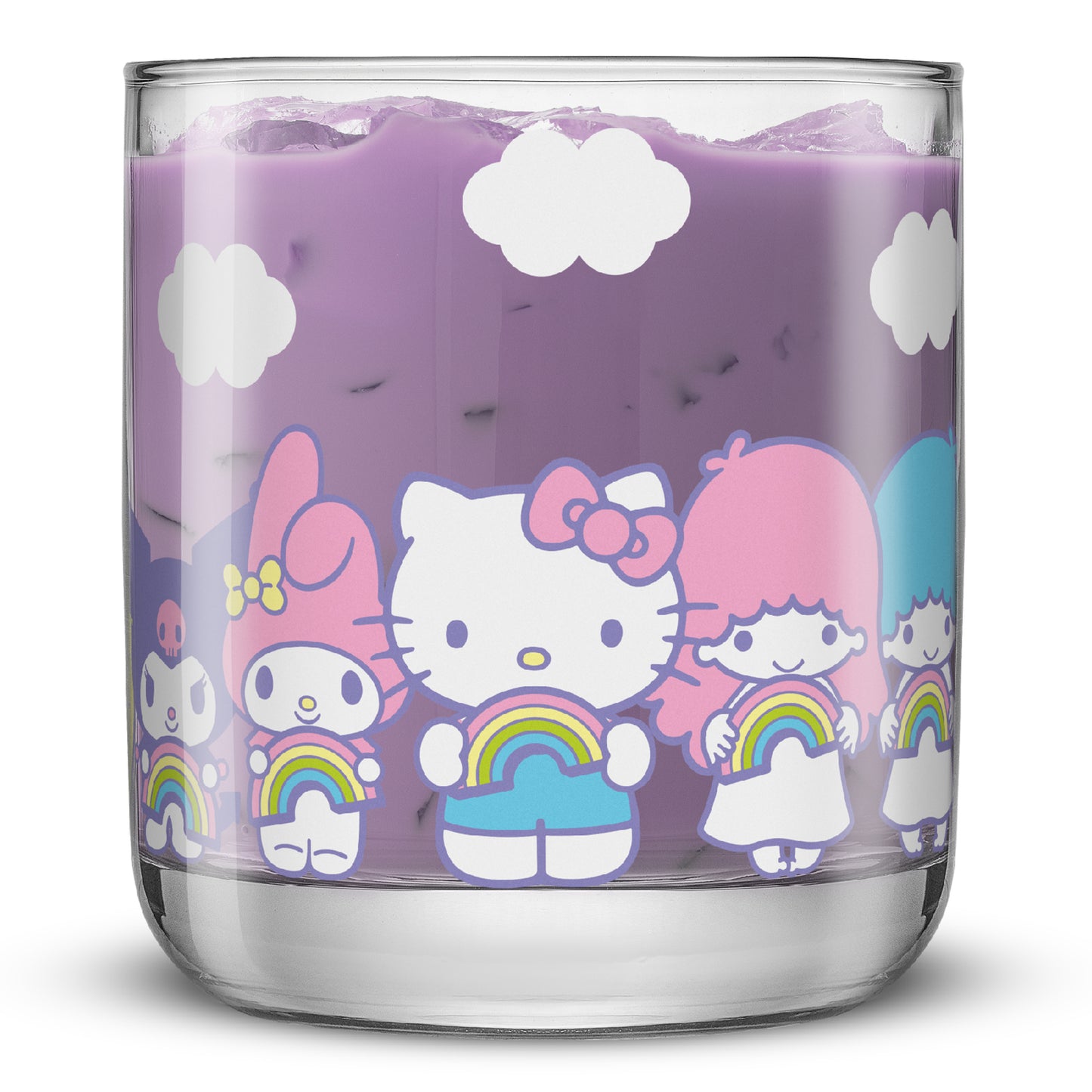 A short glass full of a purple drink, featuring some of the Hello Kitty characters on the glass: Kuromi, My Melody, Hello Kitty, and Little Twin Stars.
