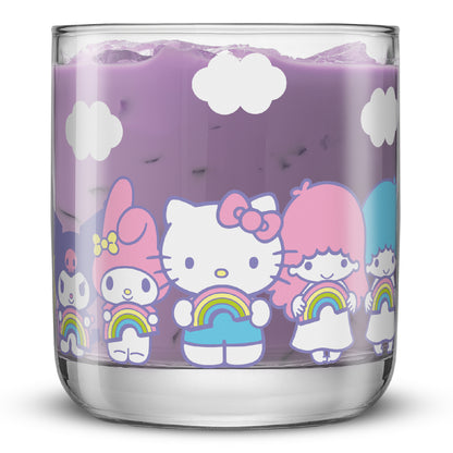 A short glass full of a purple drink, featuring some of the Hello Kitty characters on the glass: Kuromi, My Melody, Hello Kitty, and Little Twin Stars.