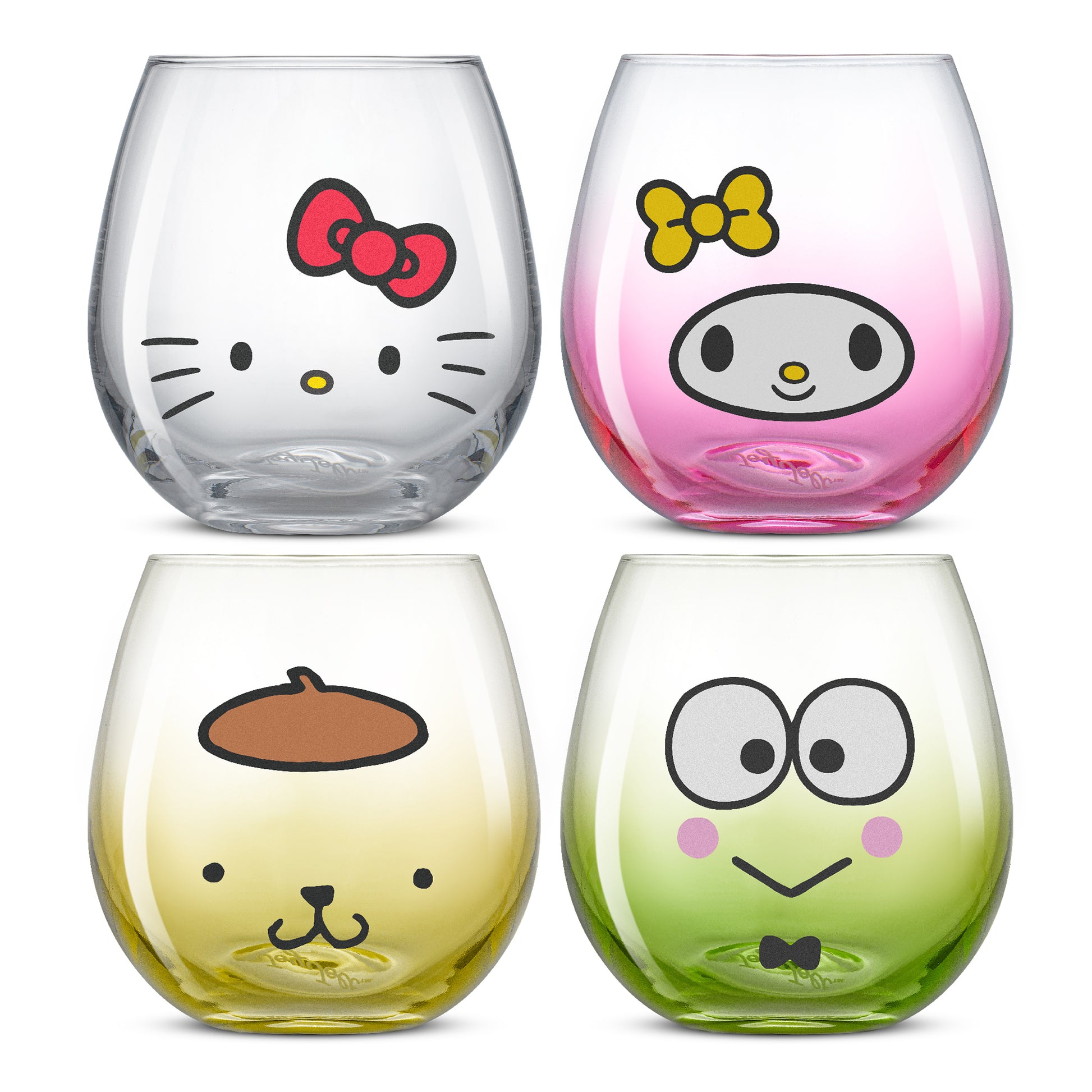 Four stemless wine glasses with Hello Kitty character faces on a white background: Hello Kitty, My Melody, Keroppi, and Pompompurin