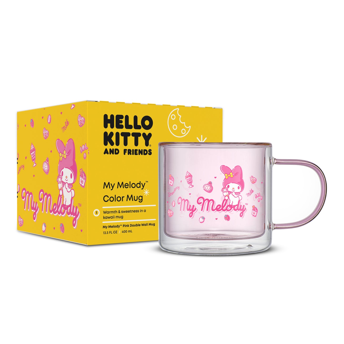 A pink My Melody double-wall glass mug. A JoyJolt yellow box displaying Hello Kitty with My Melody graphics on the side. 
