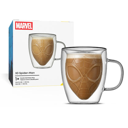 Marvel 3D Spider-Man double-walled glass mug with a web-patterned insert, shown in front of its retail box on a white background.