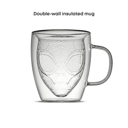 A clear double-walled insulated glass mug with a Spider-Man web emblem embossed on the front, shown against a plain white background with the text 'Double-wall insulated mug' above it.