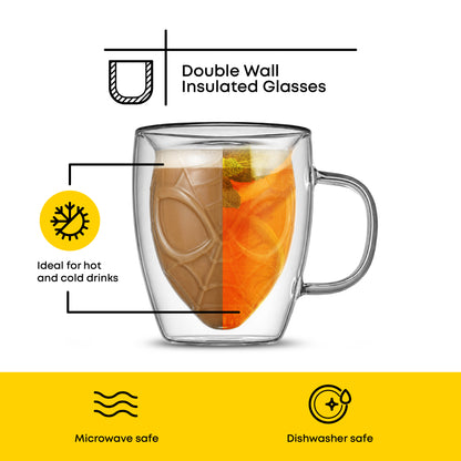 Double wall insulated glass mug with a spiderweb-patterned clear insert, shown on a white background with feature callouts and a yellow banner stating 'Microwave safe' and 'Dishwasher safe'.