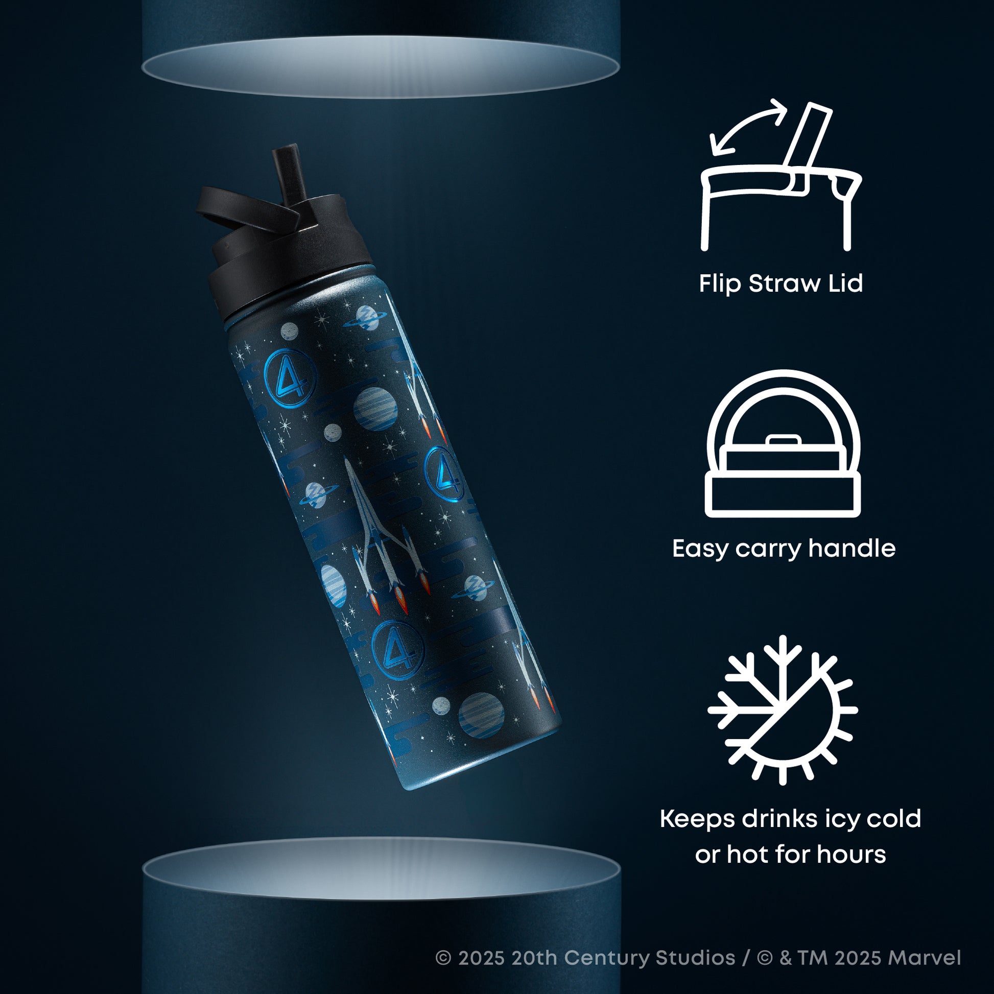 Water bottle with space-themed design on a dark background, featuring icons for flip straw lid, easy carry handle, and temperature retention.
