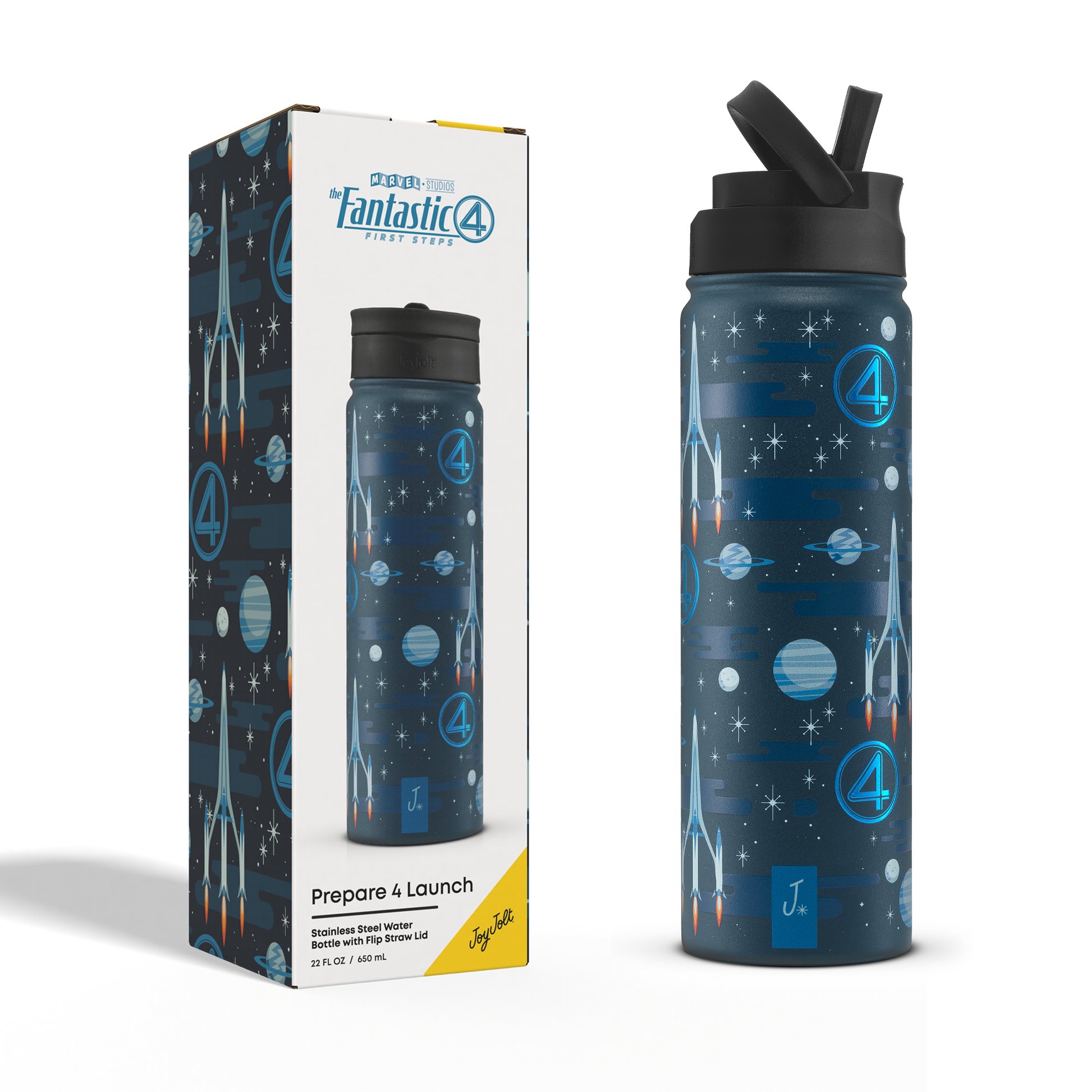 Blue water bottle with space-themed design and packaging featuring 'Fantastic 4' branding.