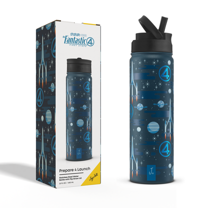 Blue water bottle with space-themed design and packaging featuring 'Fantastic 4' branding.