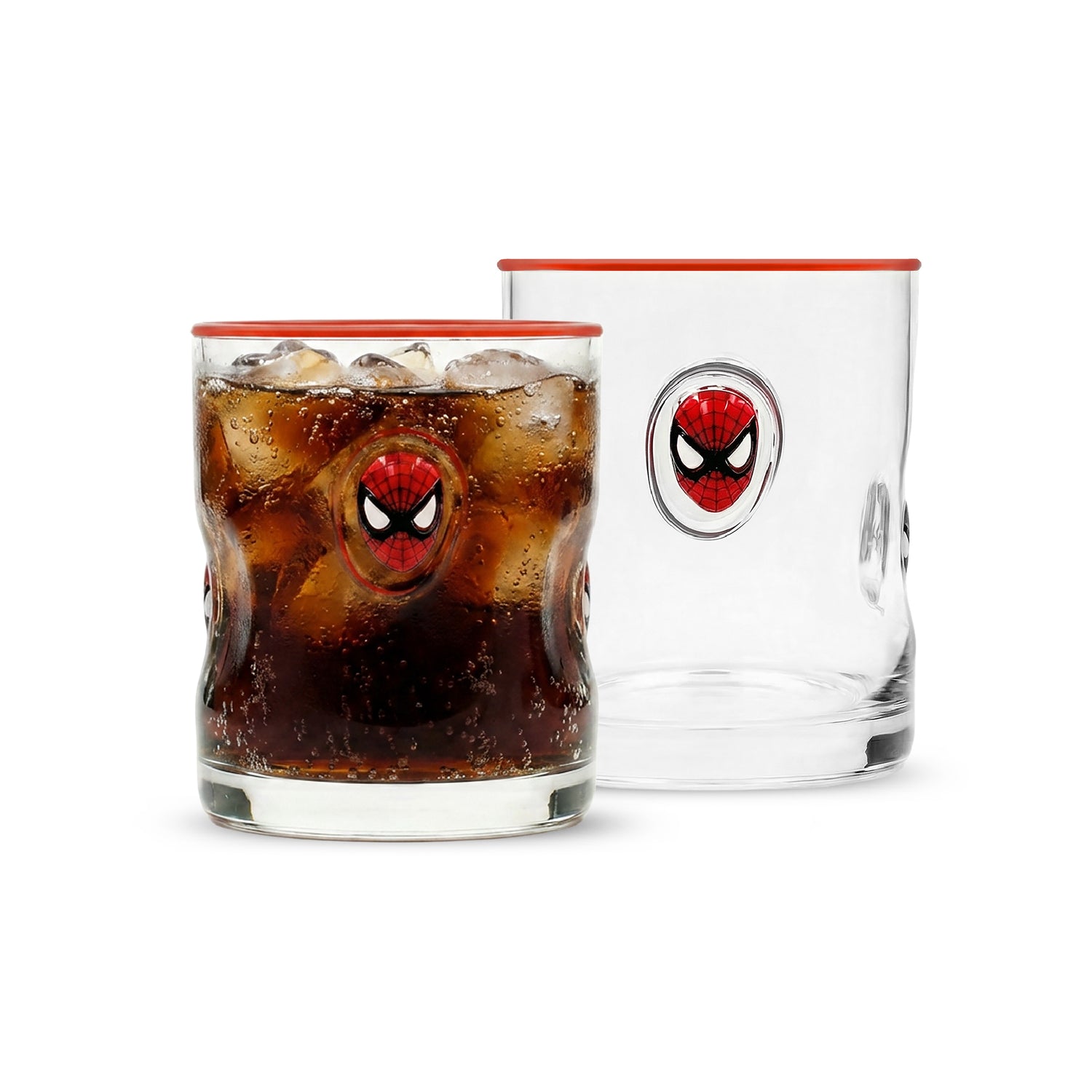 Two clear glass tumblers with red rims, each featuring a Spider-Man face graphic. The front tumbler is filled with a dark cola drink and ice, while the back tumbler is empty.