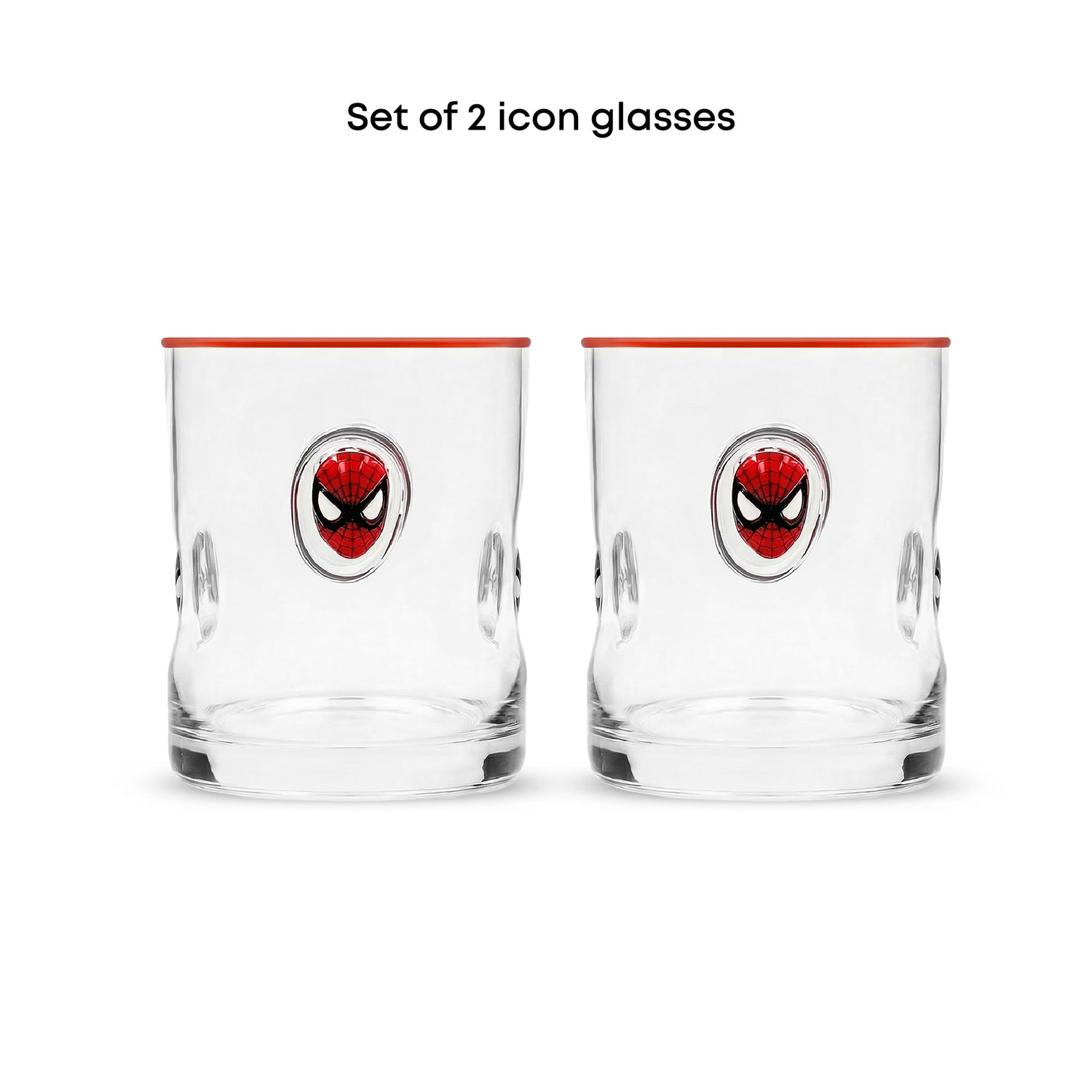 Set of 2 clear glass tumblers with a red rim and a Spider-Man face icon printed on the front, shown on a white background with the text 'Set of 2 icon glasses' above.